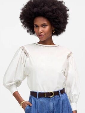 Madewell Embroidered Poplin Balloon-Sleeve Top Size Small in White NWOT